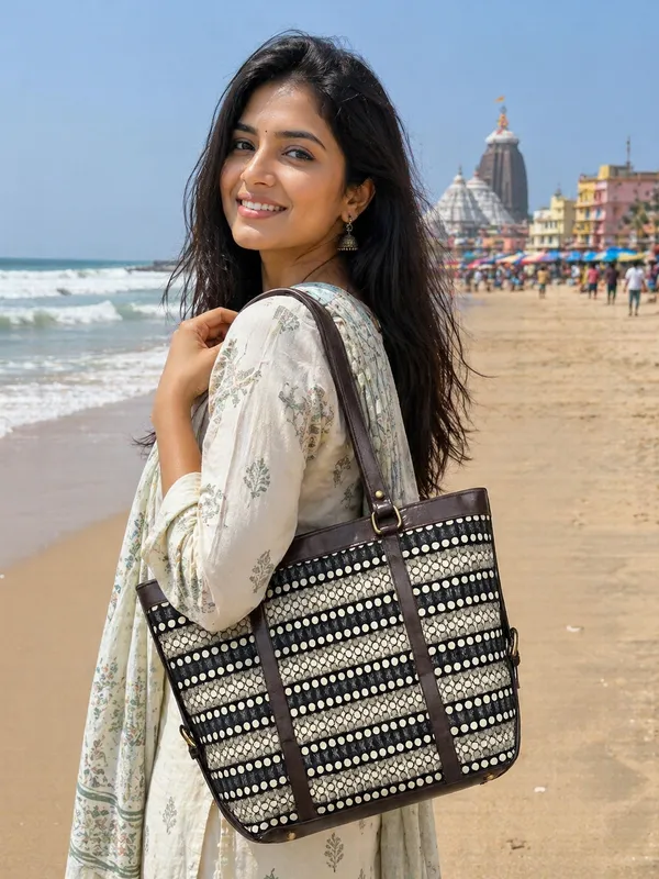 Black_&_White_Striped_Women’s_Tote_Bag_with_Brown_Faux_Leather_Handles