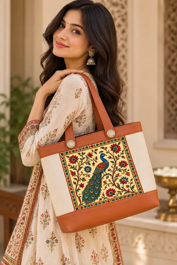 Elegant_Peacock_Print_Canvas_Tote_Bag_With_Brown_Handles_For_Women_