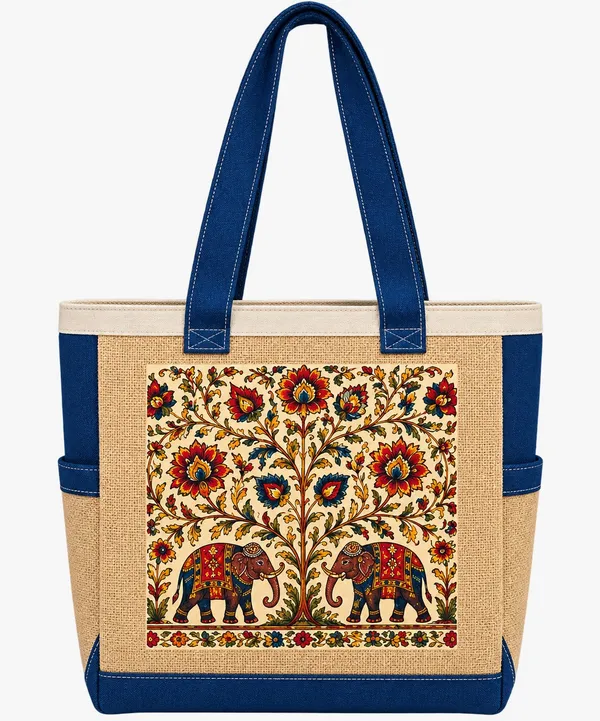 Handcrafted_Jute_&_Denim_Elephant_Print_Tote_Bag_For_Shopping,_Office_&_Travel_
