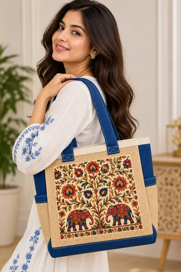 Handcrafted_Jute_&_Denim_Elephant_Print_Tote_Bag_For_Shopping,_Office_&_Travel_