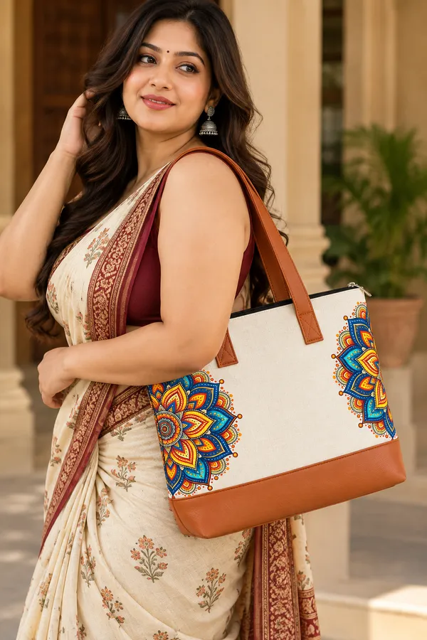 Mandala_Print_Canvas_Tote_Bag_With_Leather-look_Handles,_Zipper_Closure_&_Floral_Artwork