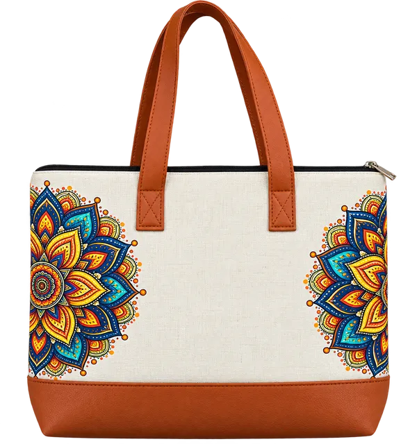 Mandala_Print_Canvas_Tote_Bag_With_Leather-look_Handles,_Zipper_Closure_&_Floral_Artwork