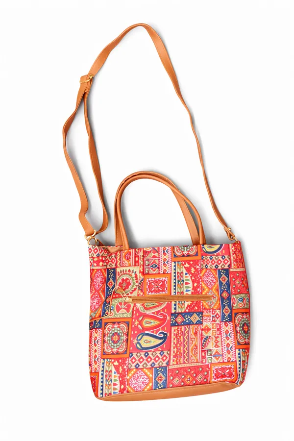 Red_Ethnic_Patchwork_Print_Handbag_with_Tan_Handles_&_Adjustable_Sling_Strap