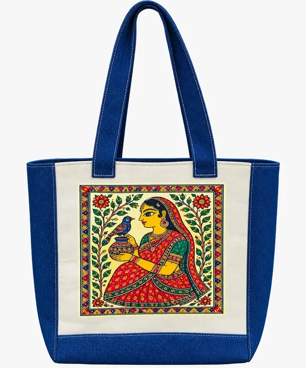 Traditional_Indian_Folk_Art_Canvas_&_Denim_Tote_Bag_With_Floral_Woman_&_Bird_Print