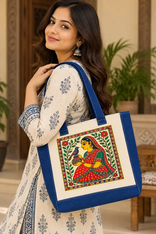 Traditional_Indian_Folk_Art_Canvas_&_Denim_Tote_Bag_With_Floral_Woman_&_Bird_Print