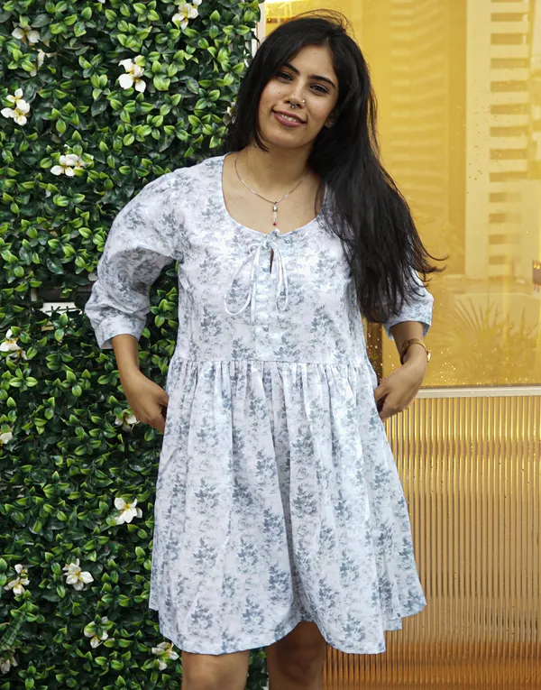 White_&_Grey_Linen_Veil:_Gathered_Boxy_Mini_Dress_For_Women