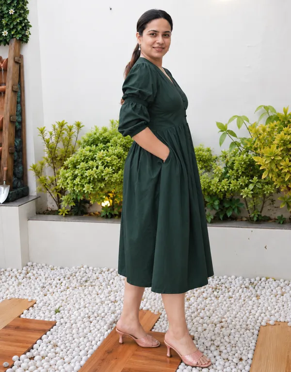 Olive_Green_Cotton_Waist_Cinched_Dress