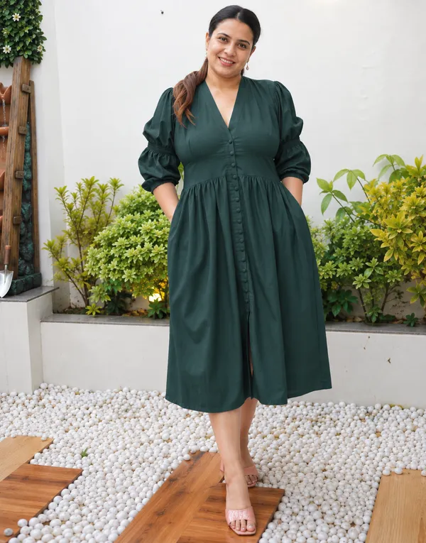 Olive_Green_Cotton_Waist_Cinched_Dress