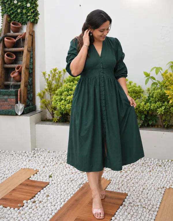 Olive_Green_Cotton_Waist_Cinched_Dress