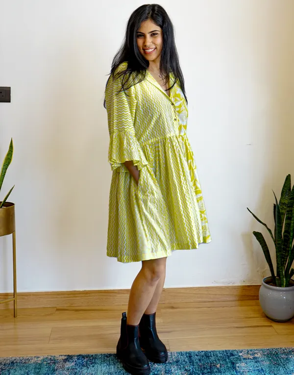 Lemon_Yellow_Cotton_Aligned:_Half_Collar_Dress_For_Women