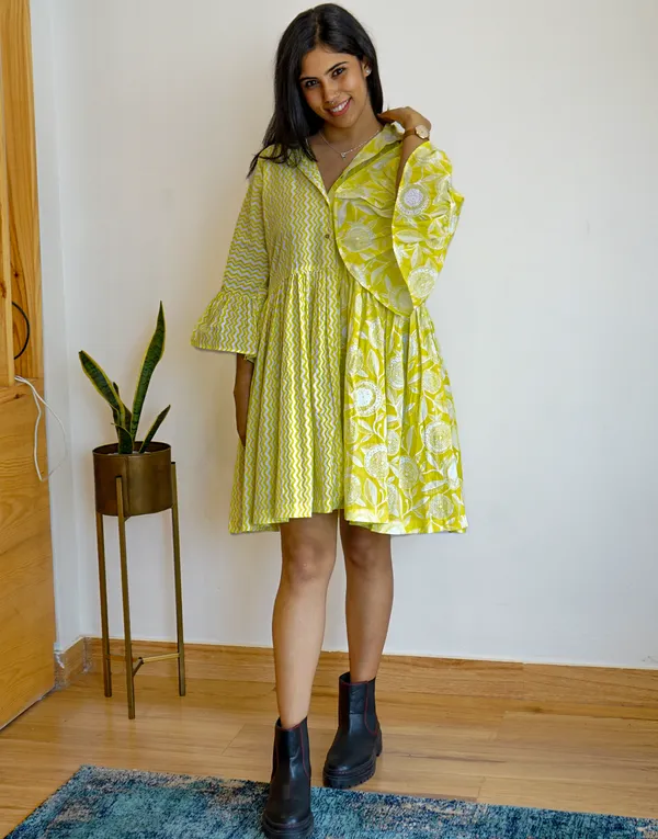 Lemon_Yellow_Cotton_Aligned:_Half_Collar_Dress_For_Women