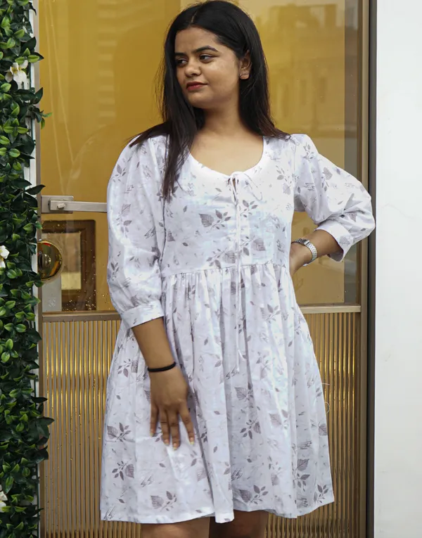 White_&_Brown_Linen_Nest:_Boxy_Gathered_Dress_For_Women