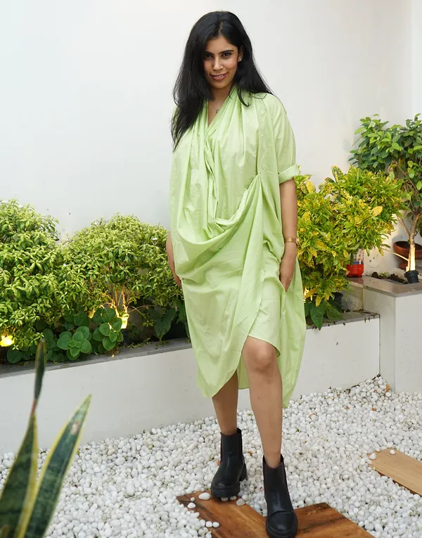 Lime_Green_Cotton_Reign:_Draped_Cowl_Midi_Dress_For_Women