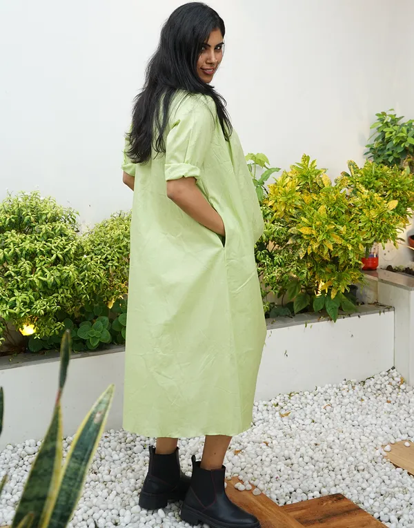 Lime_Green_Cotton_Reign:_Draped_Cowl_Midi_Dress_For_Women