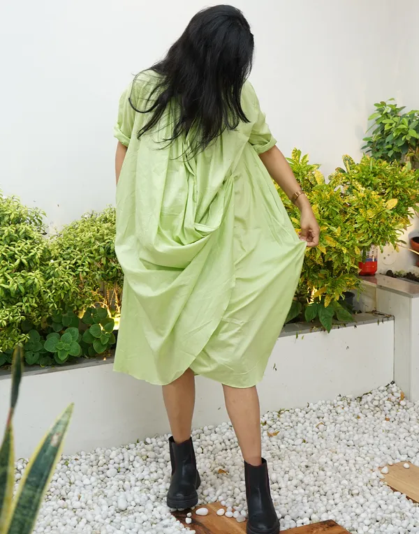 Lime_Green_Cotton_Reign:_Draped_Cowl_Midi_Dress_For_Women