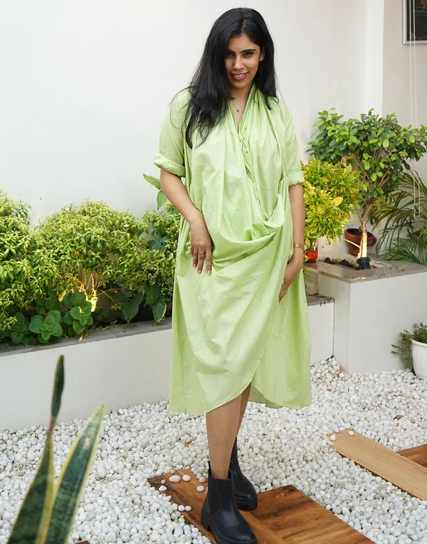 Lime_Green_Cotton_Reign:_Draped_Cowl_Midi_Dress_For_Women