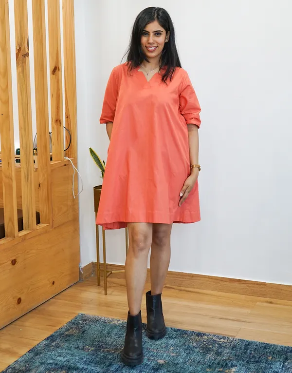 Orange_Cotton_Still:_Overlap_Umbrella_Mini_Dress_For_Women
