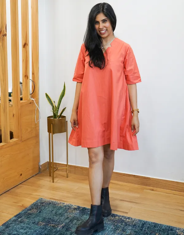 Orange_Cotton_Still:_Overlap_Umbrella_Mini_Dress_For_Women