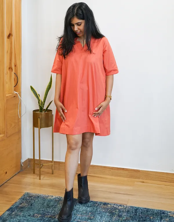 Orange_Cotton_Still:_Overlap_Umbrella_Mini_Dress_For_Women
