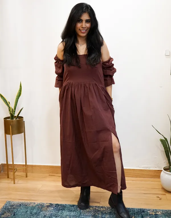 Brown_Linen_Rooted:_Elegant_Slit_Maxi_Dress_For_Women