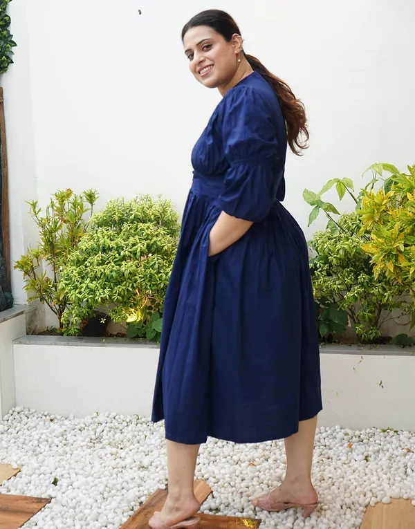 Navy_Blue_Cotton_Command:_Balloon_Tiered_Midi_Dress_For_Women