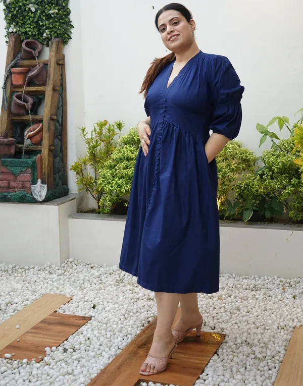 Navy_Blue_Cotton_Command:_Balloon_Tiered_Midi_Dress_For_Women