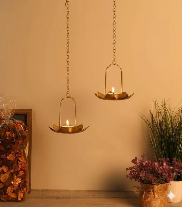 A_Handmade_flower_shape_Metal_T-Light_Holder_with_adjust_able_Chain_for_Height_of_your_choice_in_Gold_Color_Set_of_2_Pc_
