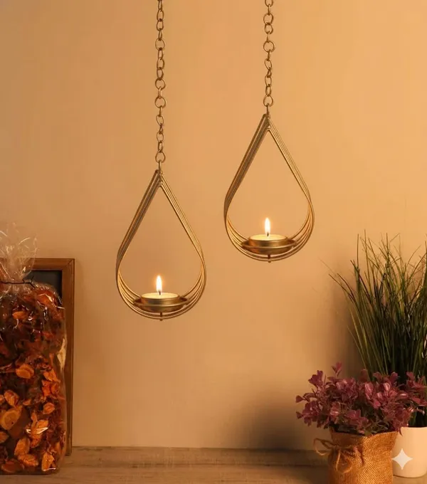 A_beautiful_Drop_Shape_Metal_T-light_hanging_Holder_in_Gold_Color_set_of_2_Pc