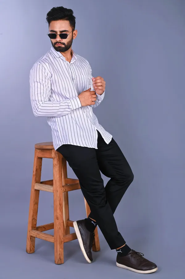 Black_&_White_Cotton_Blend_Striped_Regular_Fit_Shirt_For_Men