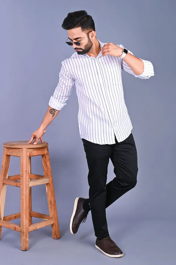 Black_&_White_Cotton_Blend_Striped_Regular_Fit_Shirt_For_Men