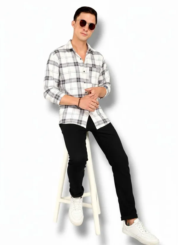White_Cotton_Blend_Checkered_Regular_Fit_Shirt_For_Men