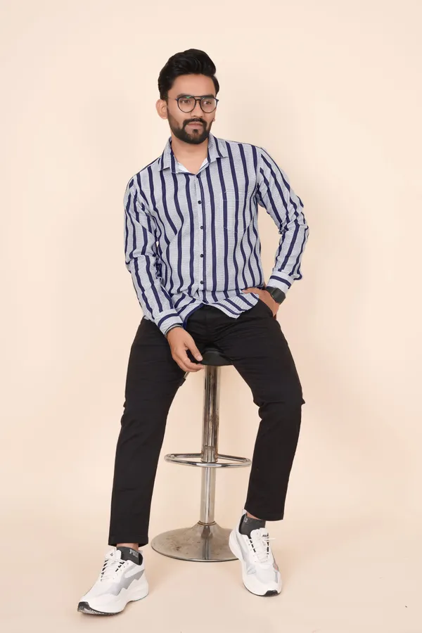 Blue_&_Grey_Cotton_Blend_Striped_Regular_Fit_Shirt_For_Men