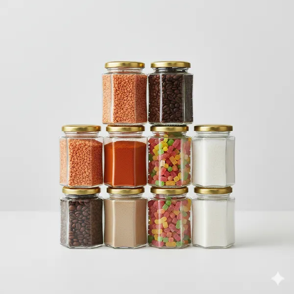 Pack_Of_10_Hexagon_Glass_Jarcontainer_For_Kitchen_With_Air_Tight_Gold_Metal_Cap_260_Ml