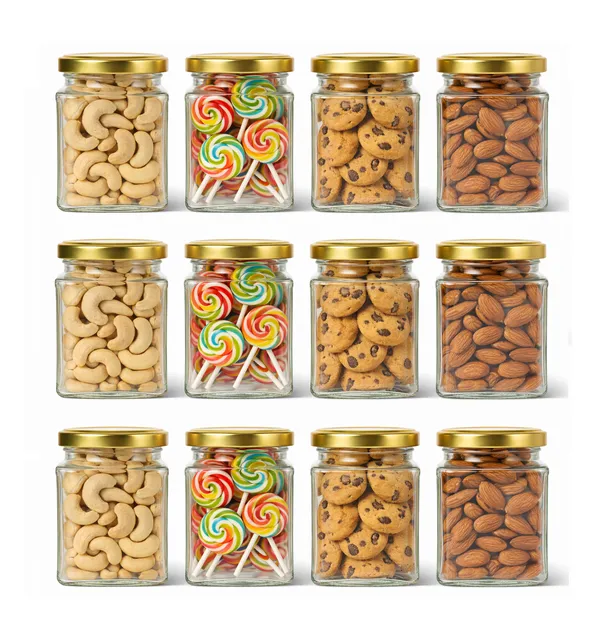 Pack_Of_12_Square_Kitchen_Storage_Glass_Jar_Container_With_Airtight_Lid_250_MlGold