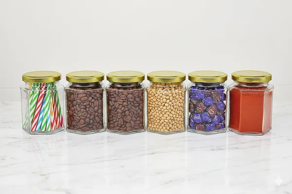 Pack_Of_6_Hexagon_Glass_Jarcontainer_For_Kitchen_With_Air_Tight_Gold_Metal_Cap_260_Ml