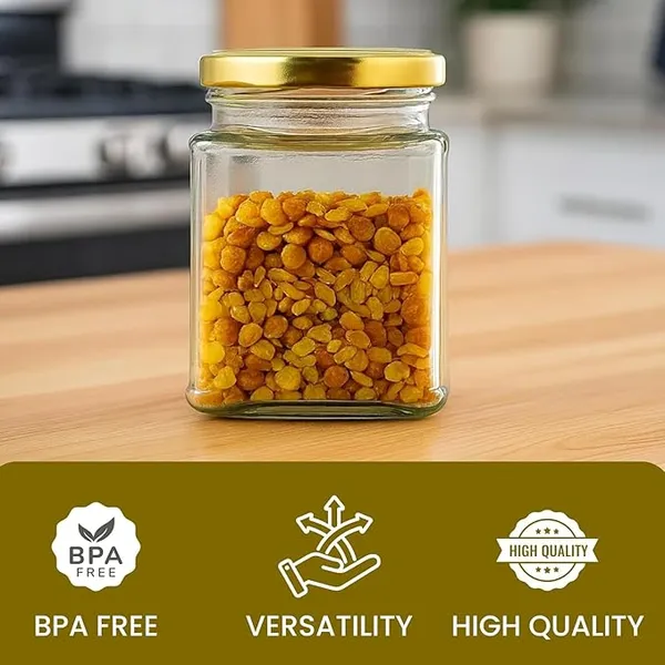 Pack_Of_20_Square_Kitchen_Storage_Glass_Jar_Container_With_Airtight_Lid_250_MlGold