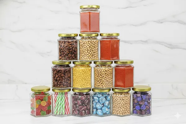 Pack_Of_14_Hexagon_Glass_Jarcontainer_For_Kitchen_With_Air_Tight_Gold_Metal_Cap_260_Ml
