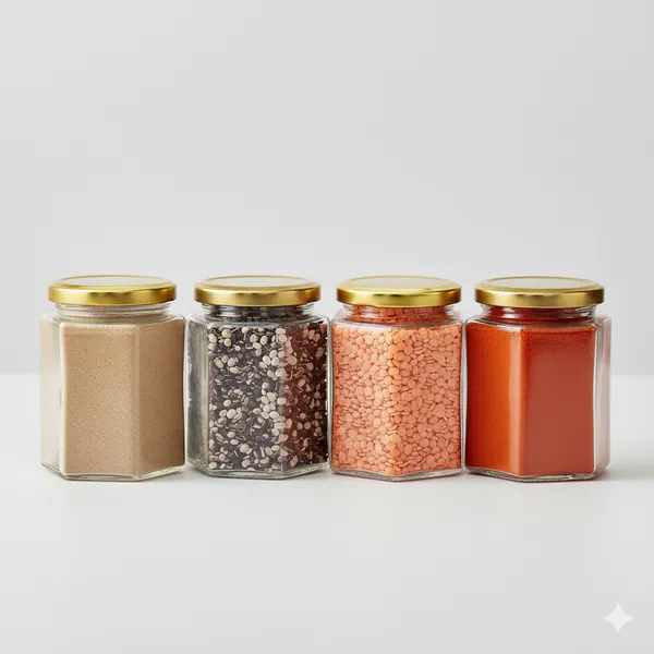 Pack_Of_4_Hexagon_Glass_Jarcontainer_For_Kitchen_With_Air_Tight_Gold_Metal_Cap_260_Ml