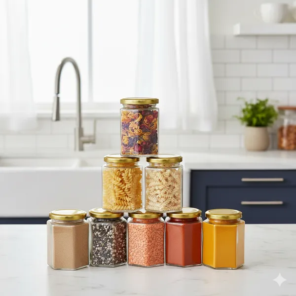 Pack_Of_8_Hexagon_Glass_Jarcontainer_For_Kitchen_With_Air_Tight_Gold_Metal_Cap_260_Ml