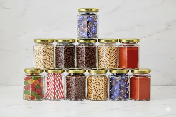Pack_Of_12_Hexagon_Glass_Jarcontainer_For_Kitchen_With_Air_Tight_Gold_Metal_Cap_260_Ml