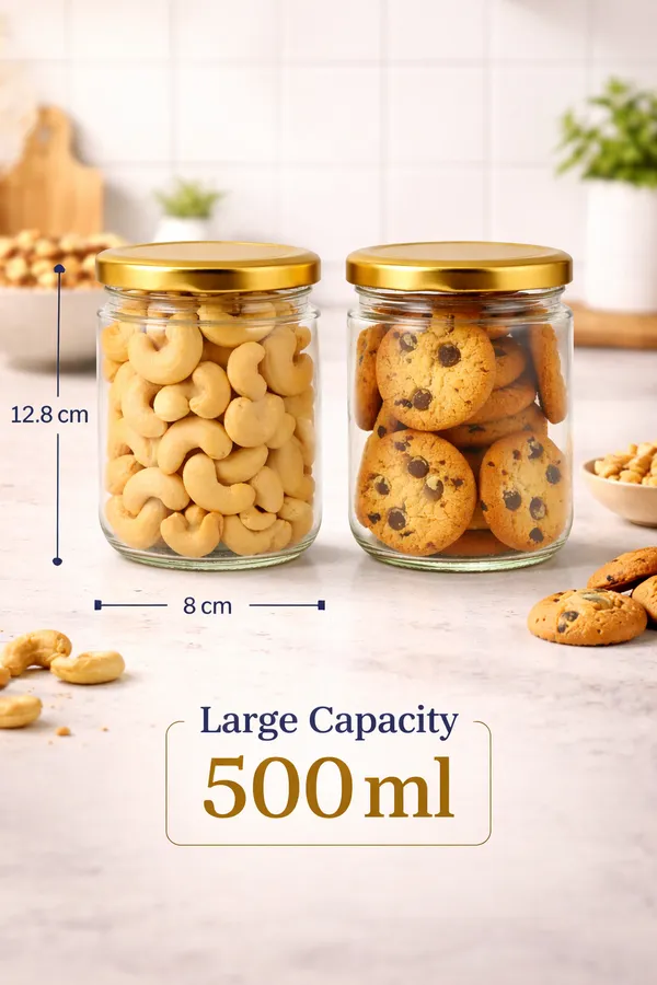 Pack_Of_4_Round_Kitchen_Storage_Glass_Jar_Container_With_Rust_Proof_Air_Tight_Golden_Cap_500_Gms_Transparent