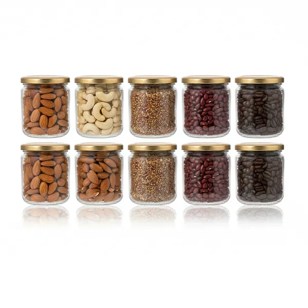 Pack_Of_10_Round_Kitchen_Storage_Glass_Jar_Container_With_Rust_Proof_Air_Tight_Golden_Cap_500_Gms_Transparent