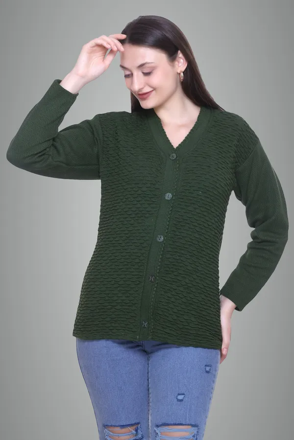 Dark_Green_Cotton_Blend_Regular_Casual_Sweater_For_Women