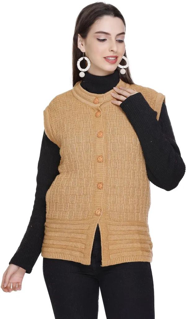 Beige_Wool_Blend_Regular_Casual_Sweater_For_Women