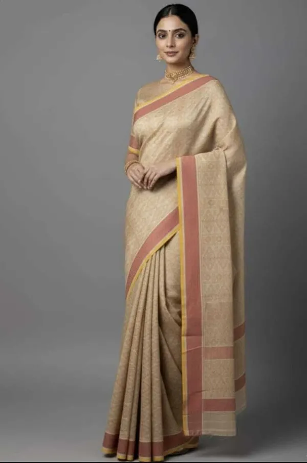 Cream_Silk_Blend_Printed_Daily_Wear_Saree_For_Women