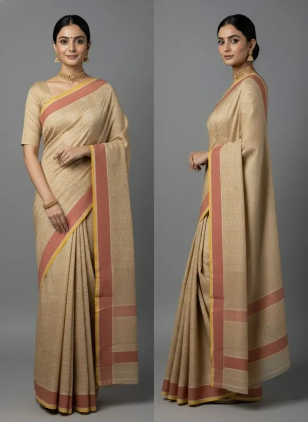 Cream_Silk_Blend_Printed_Daily_Wear_Saree_For_Women