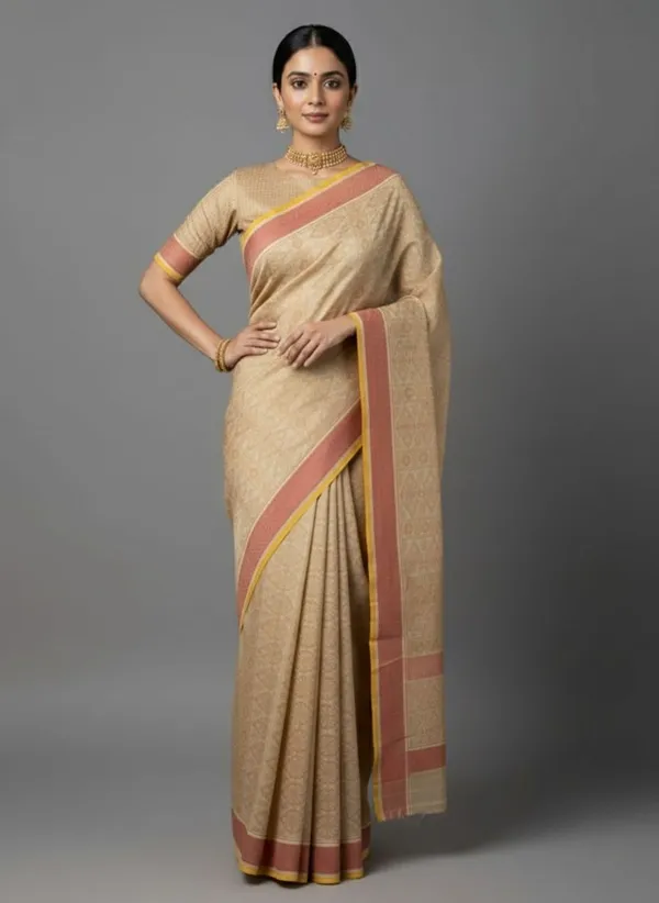 Cream_Silk_Blend_Printed_Daily_Wear_Saree_For_Women