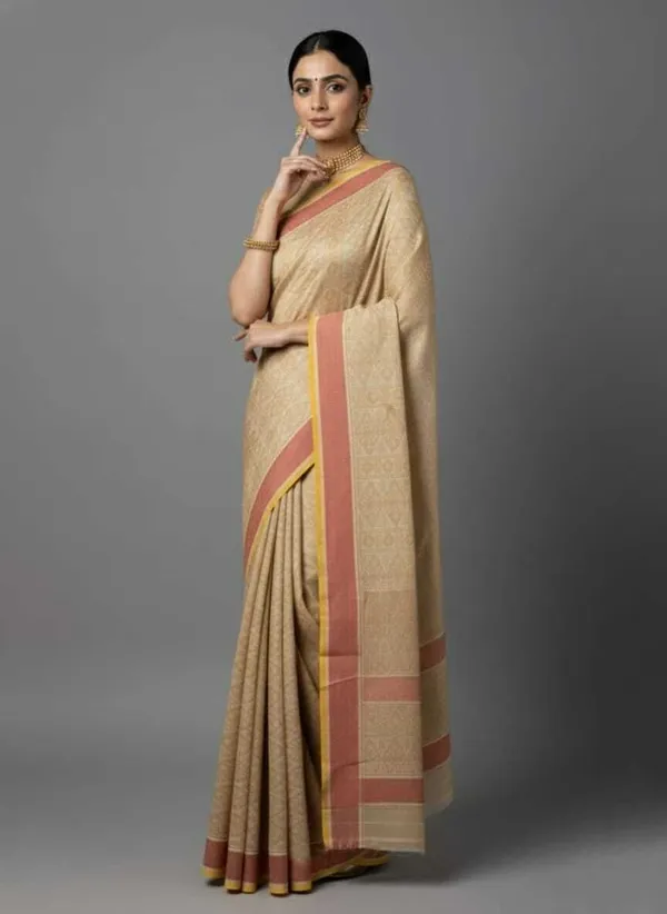Cream_Silk_Blend_Printed_Daily_Wear_Saree_For_Women