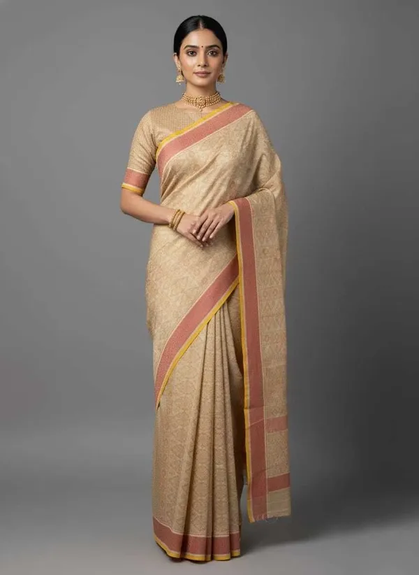 Cream_Silk_Blend_Printed_Daily_Wear_Saree_For_Women