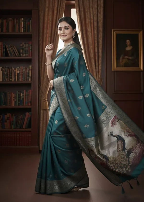 Dark_Blue_Silk_Blend_Self_Design_Banarasi_Saree_For_Women